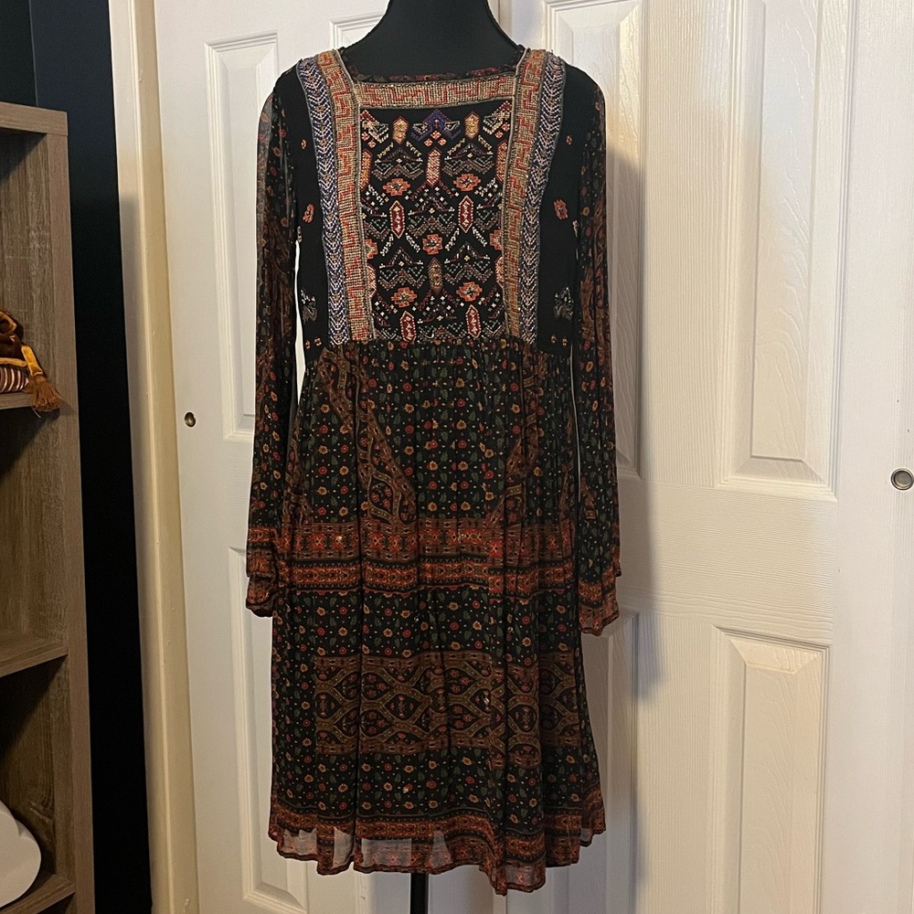 Anthropologie Beaded Bohemian Black and Multicolor Long Sleeve Dress